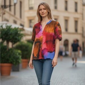 Dries Van Noten Abstract Watercolor Print Blouse 36 Button Front Artistic Top